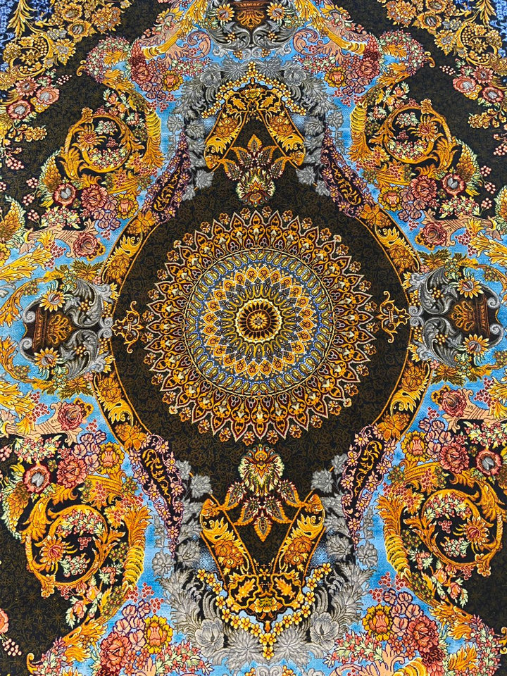 高級ペルシャ絨毯クム産シルク100%  カズミ工房 161×104cm(FN-10016)