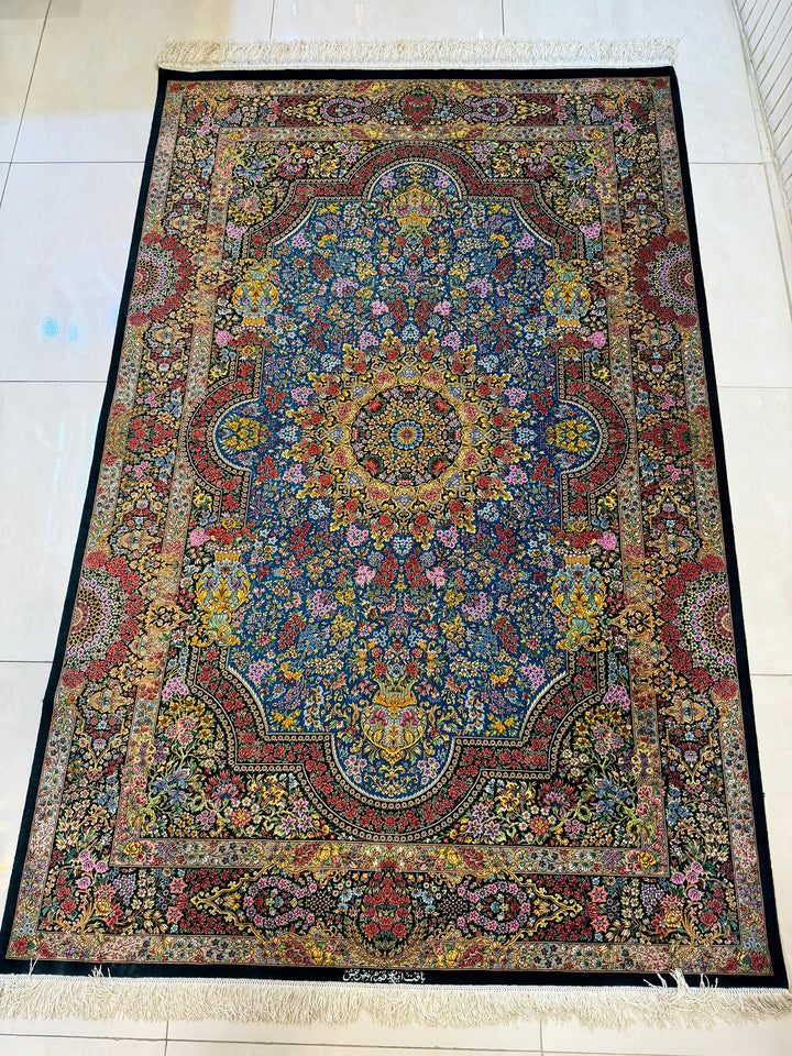 高級ペルシャ絨毯クム産シルク100%  メフルバフ工房  200×130cm(FN-10021)