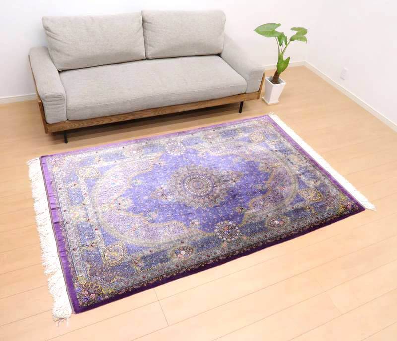 高級ペルシャ絨毯クム産シルク100% ジャムシーディ工房 207×134cm(FL-22173)