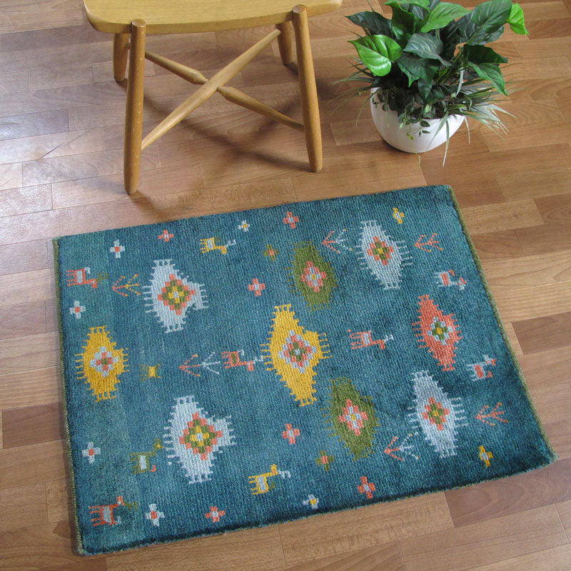 ゾランヴァリ,ギャッベ,85×64cm｜手織りウールミニラグ・ターコイズ
