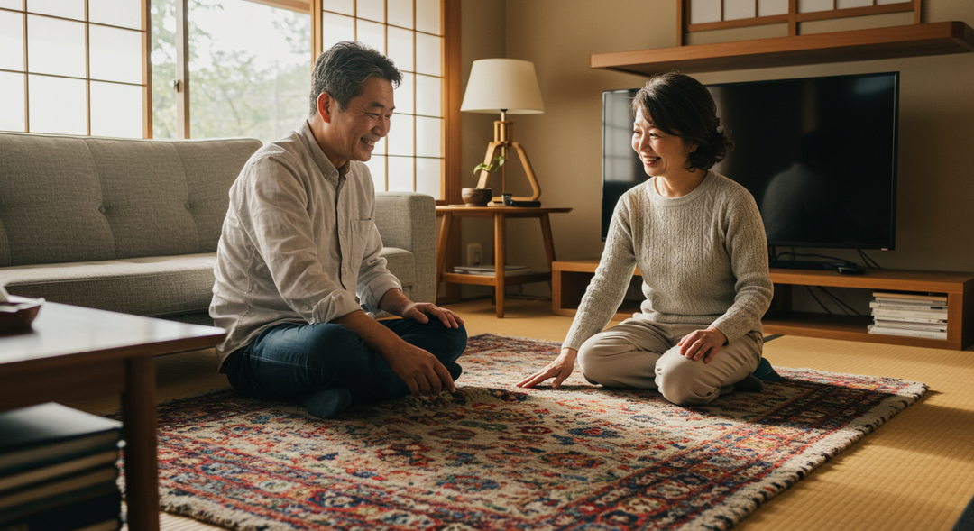 ギャッベの上でくつろぐ中年夫婦。笑顔で見つめ合いながら、手織りラグに頬を寄せる温かな日常のひとコマ。