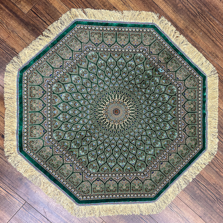 高級ペルシャ絨毯クム、シルク100％ 100×99cm（FS-13183）