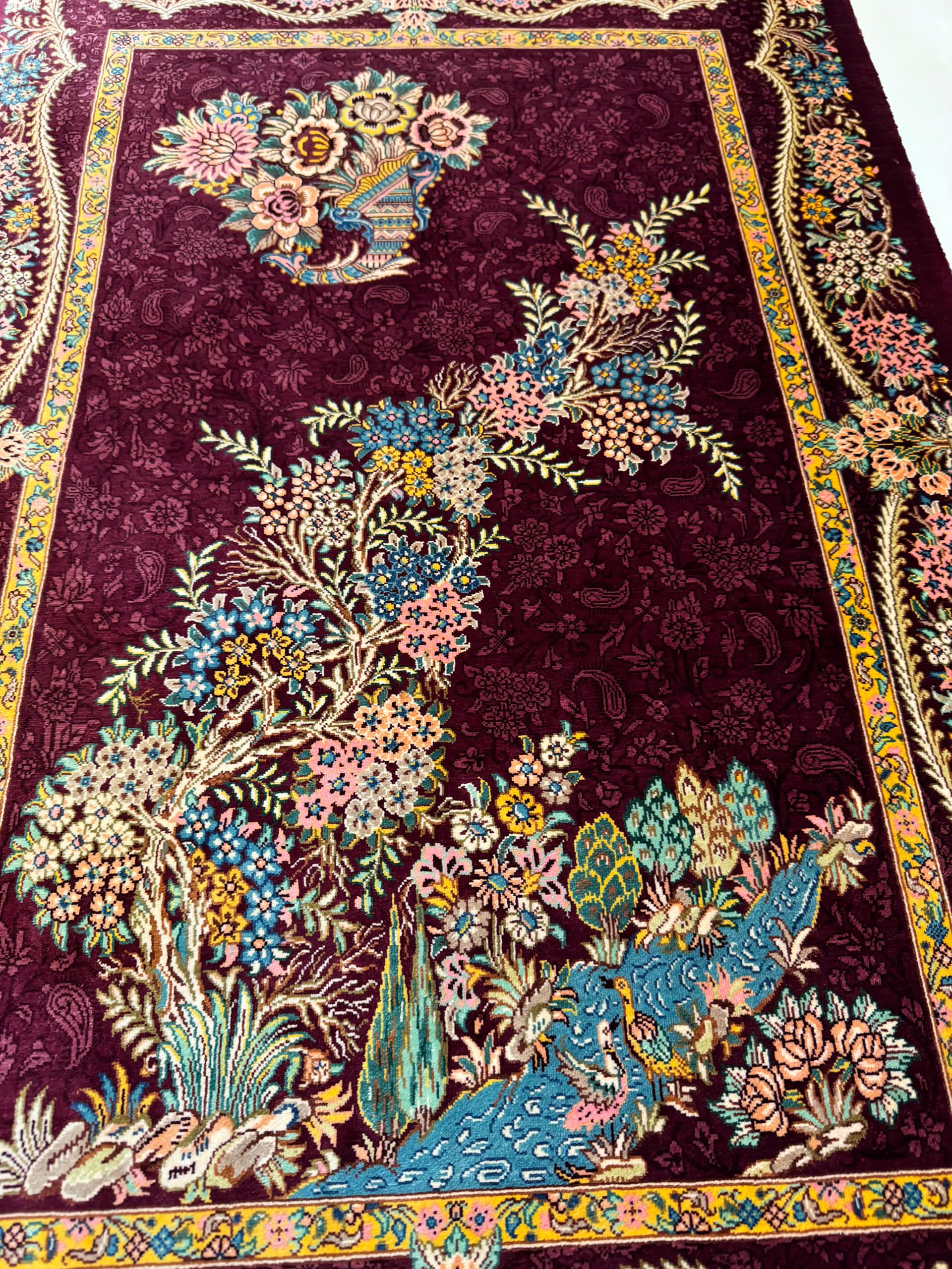 ⑥ペルシャ絨毯 工房名 高級ペルシャ絨毯クム産シルク100％ ジャムシディ工房 85×59cm（FN