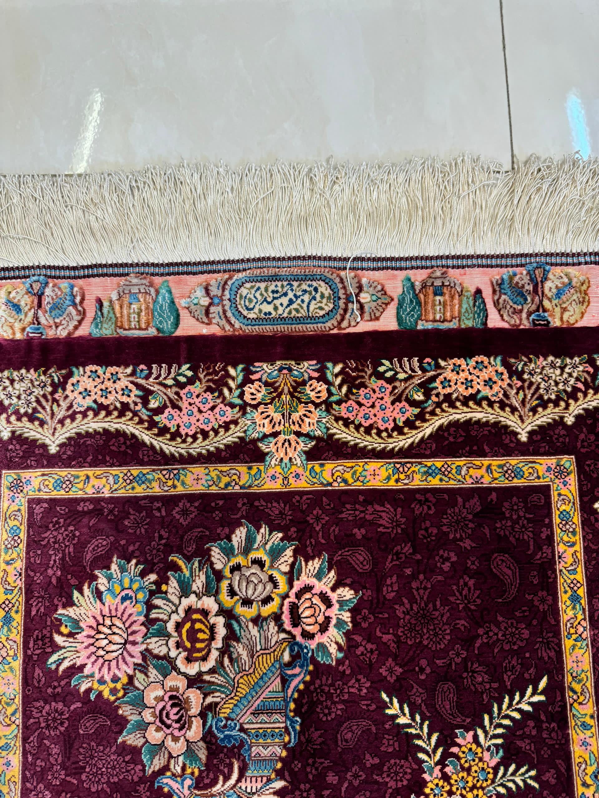 高級ペルシャ絨毯クム産シルク100％ ジャムシディ工房 85×59cm（FN