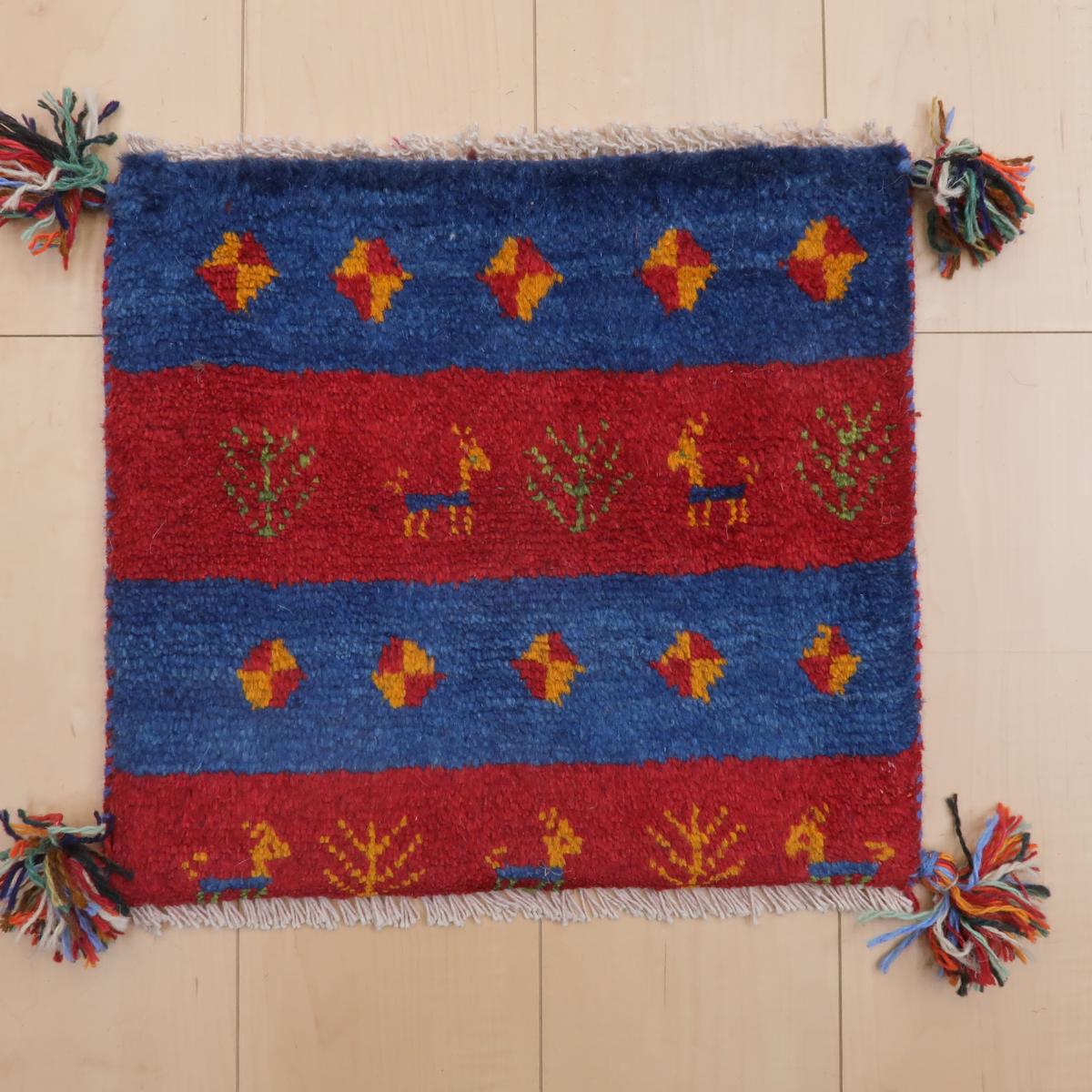 118×38 ギャッベ 手織り ラグ絨毯 手織りギャッベ,ラグ,38×41cm｜ブルー×レッド,ボーダー・動物と植物
