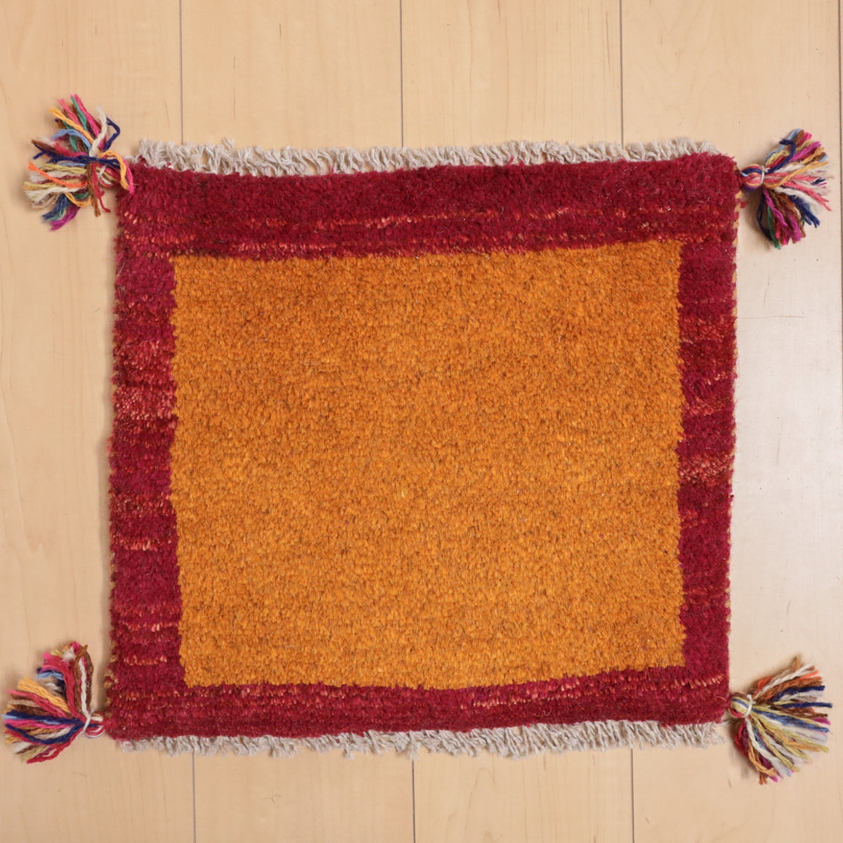 手織りギャッベ,ラグ,39×43cm｜シンプル無地オレンジ×レッド枠・高品質