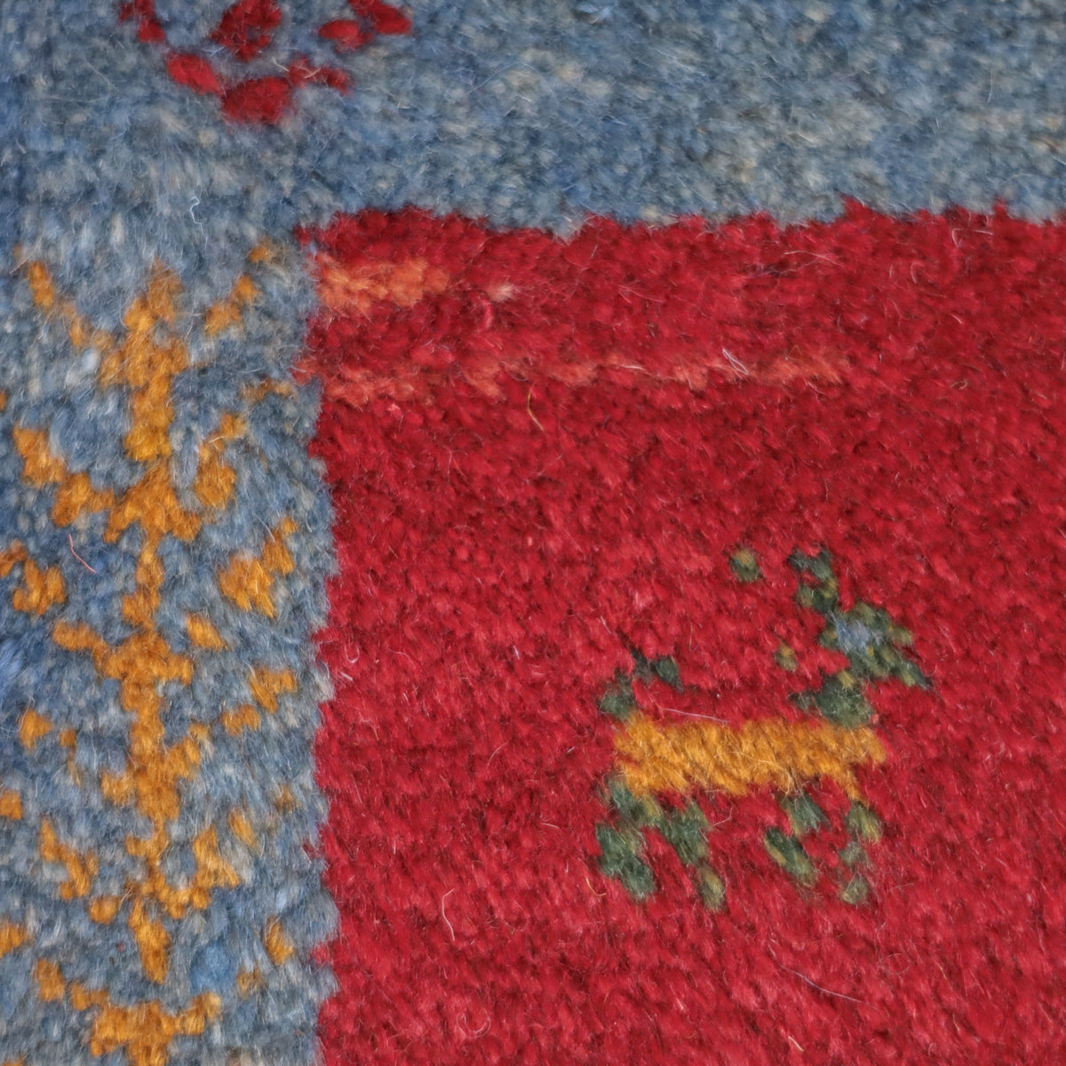 手織りギャッベ,ラグ,42×36cm｜レッド＆ブルー動物柄・高品質ウール