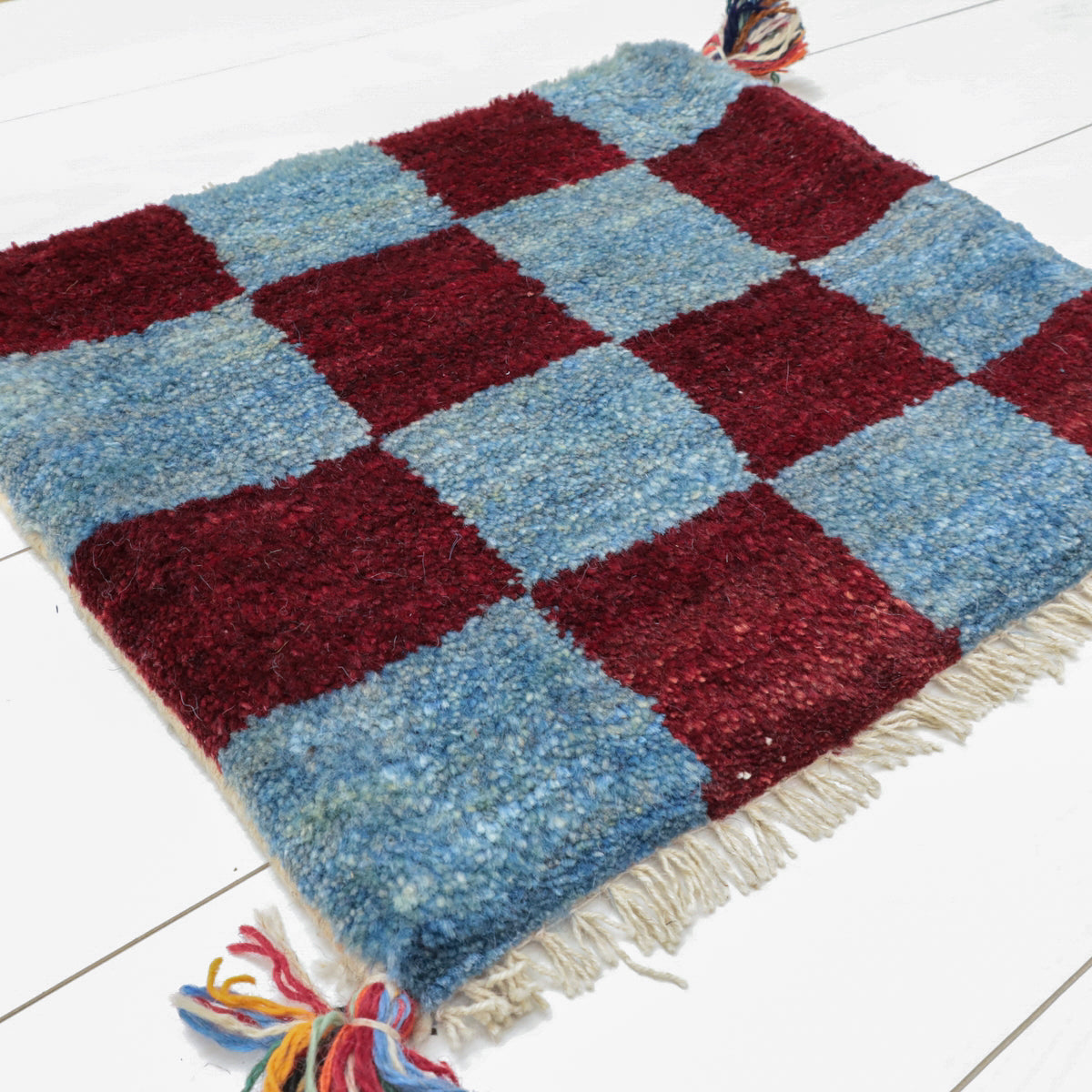 ギャッベ,座布団サイズ,37×45cm,レッド×ブルー,手織り,ウール,チェア