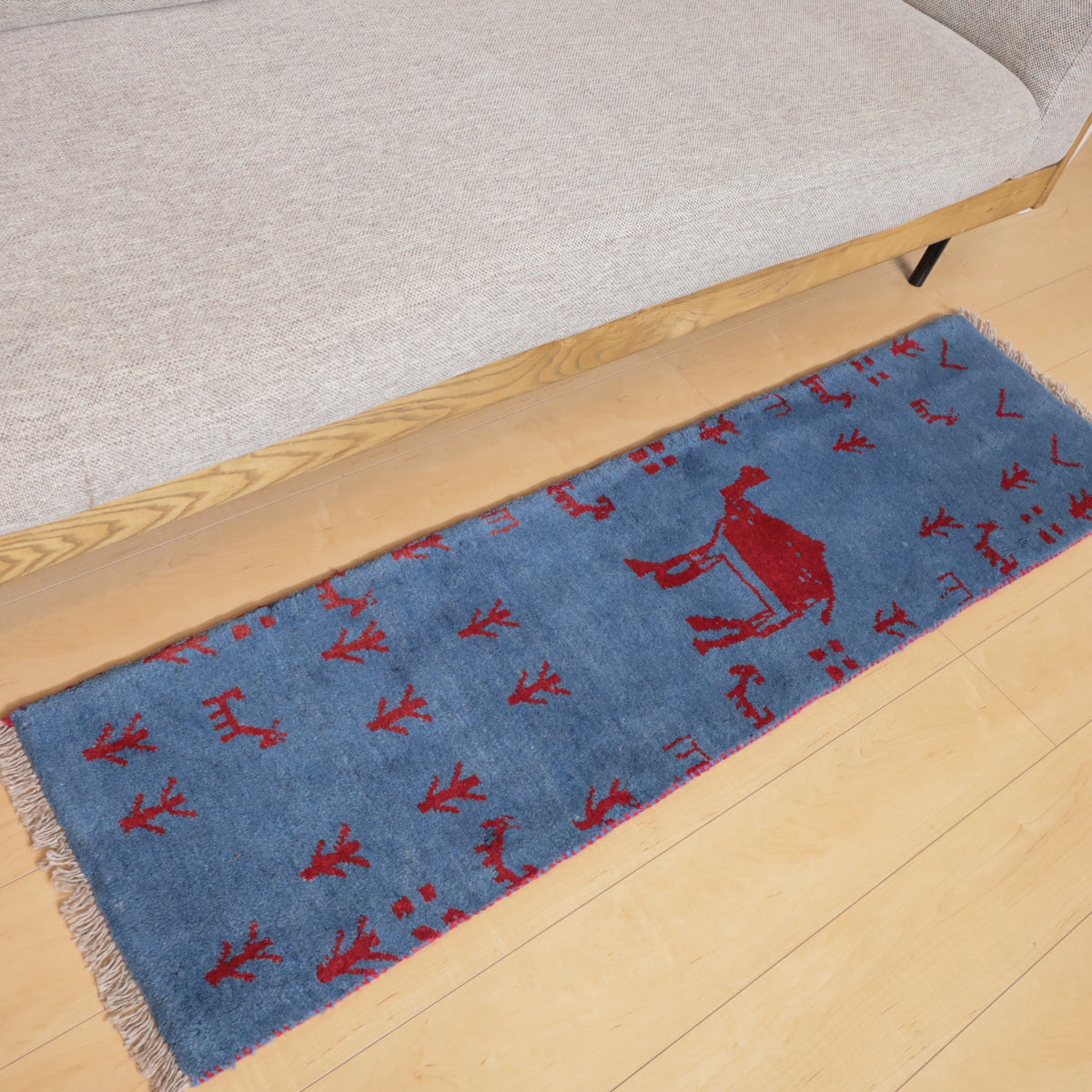 手織りギャッベ,ラグ,38×41cm｜ブルー×レッド,ボーダー・動物と植物