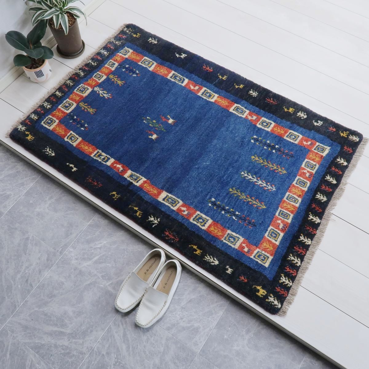ギャッベ,ラティーフ,125×82cm｜ブルー手織り玄関マット・北欧風高品質