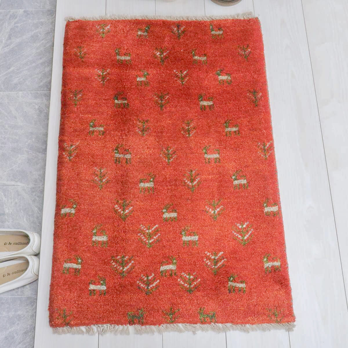 ギャッベ,玄関マット,オレンジラティーフ,88×59cm｜手織りウールラグ