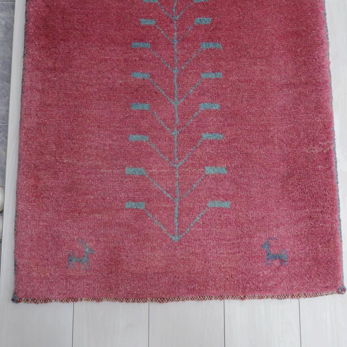 ギャッベ,玄関マット,90×66cm｜ピンク・ツリー柄,手織りウールラグ
