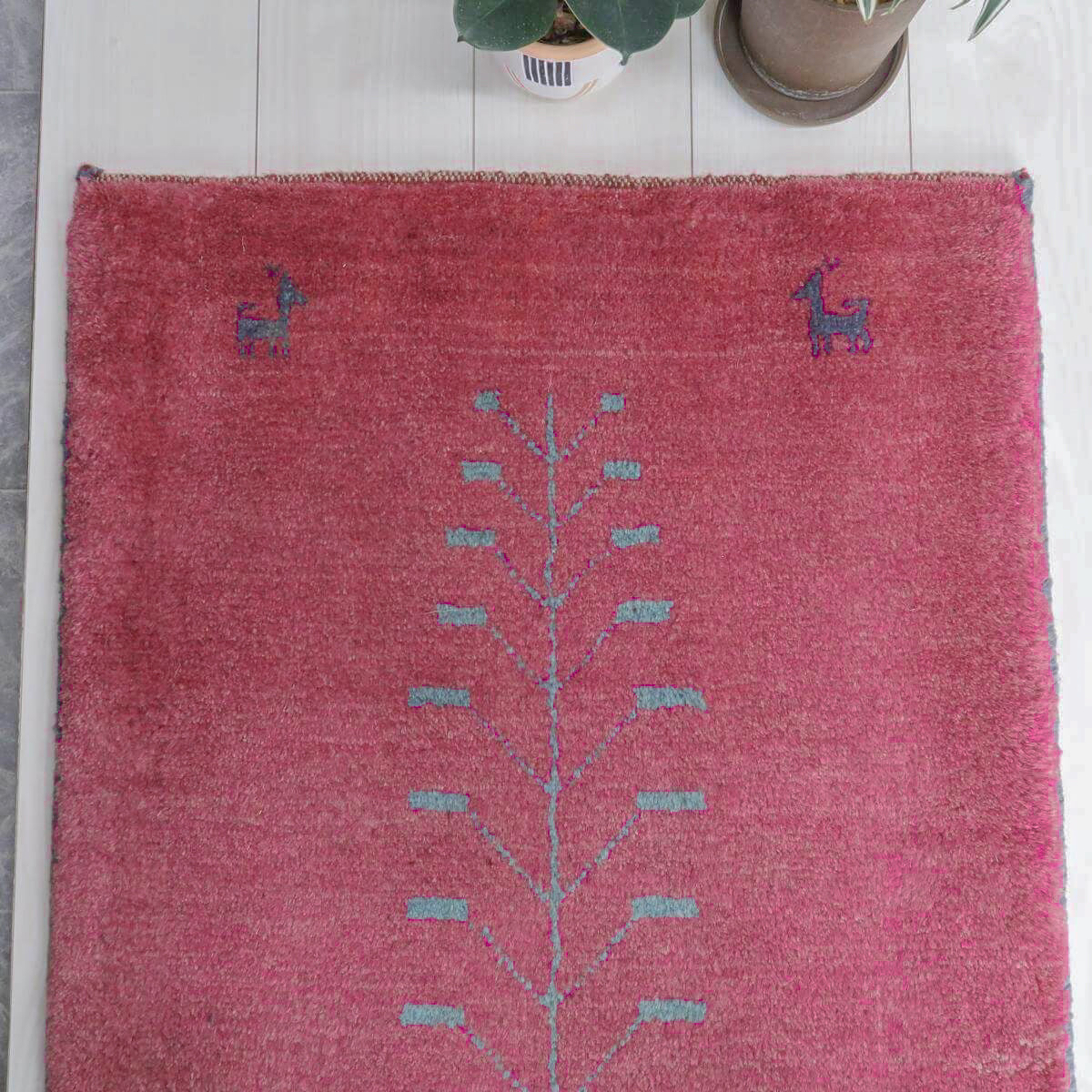 ギャッベ,玄関マット,90×66cm｜ピンク・ツリー柄,手織りウールラグ