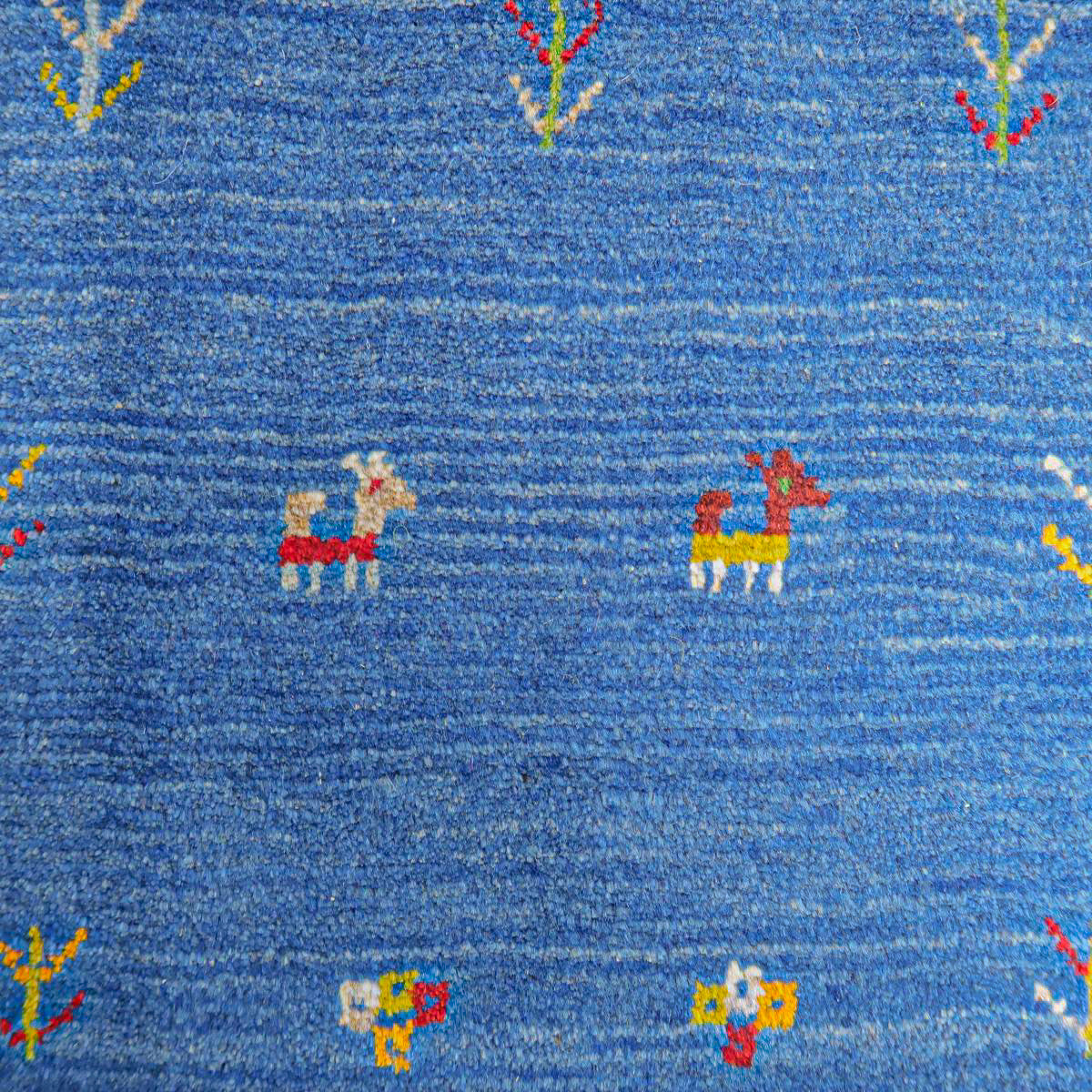 ギャッベ,玄関マット,95×63cm｜ブルー・手織りウールラグ,動物＆植物柄