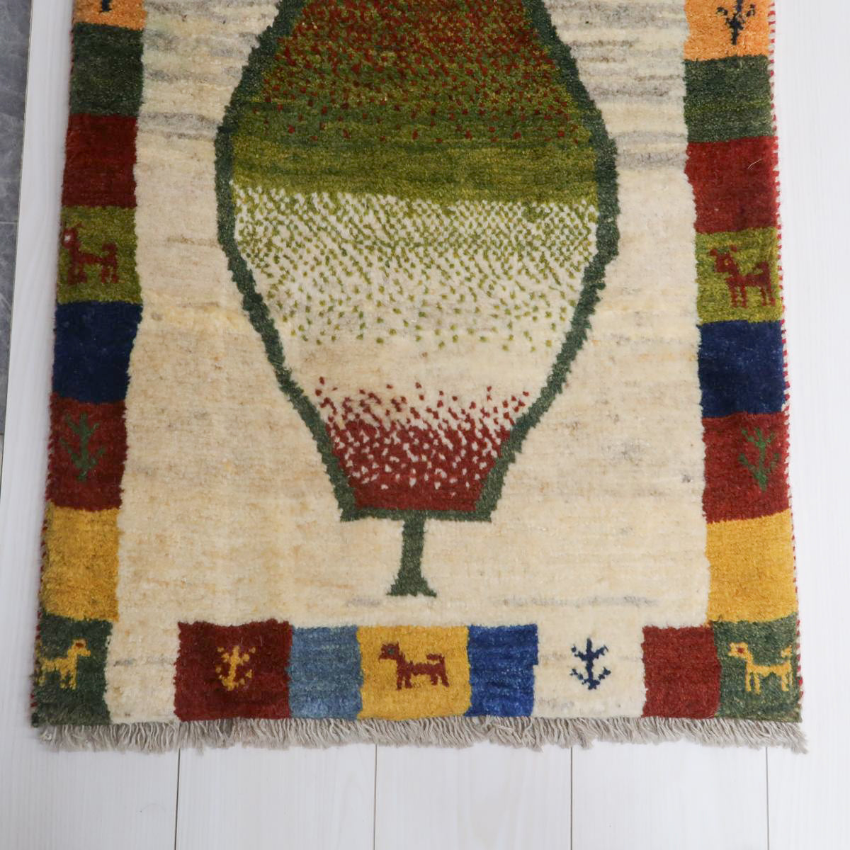 ギャッベ,玄関マット,90×59cm｜アイボリー・ツリー柄＆カラフル