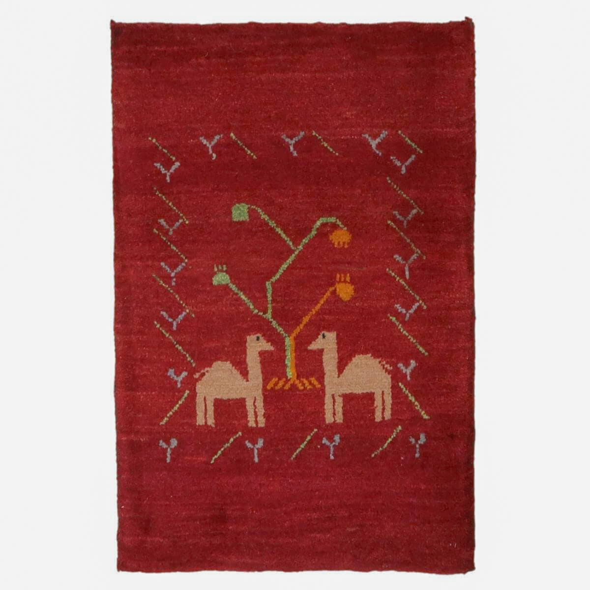 ギャッベ,玄関マット,94×61cm｜赤・動物モチーフ,手織りウールラグ