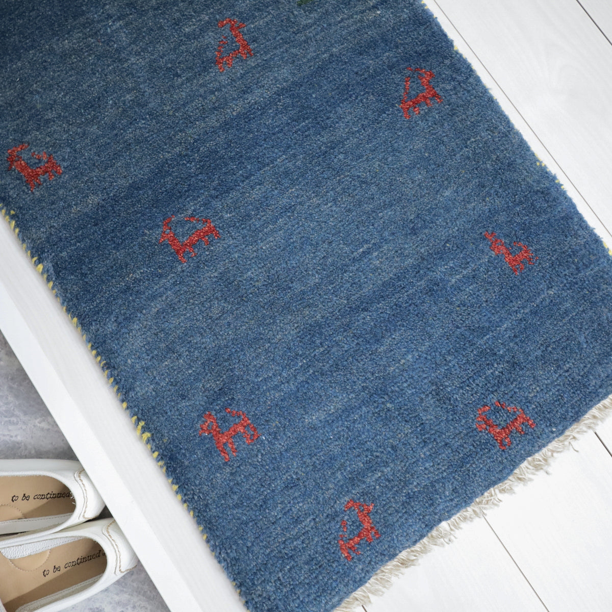 ギャッベ,玄関マット,86×54cm｜藍色・手織りウールラグ,シンプル動物柄