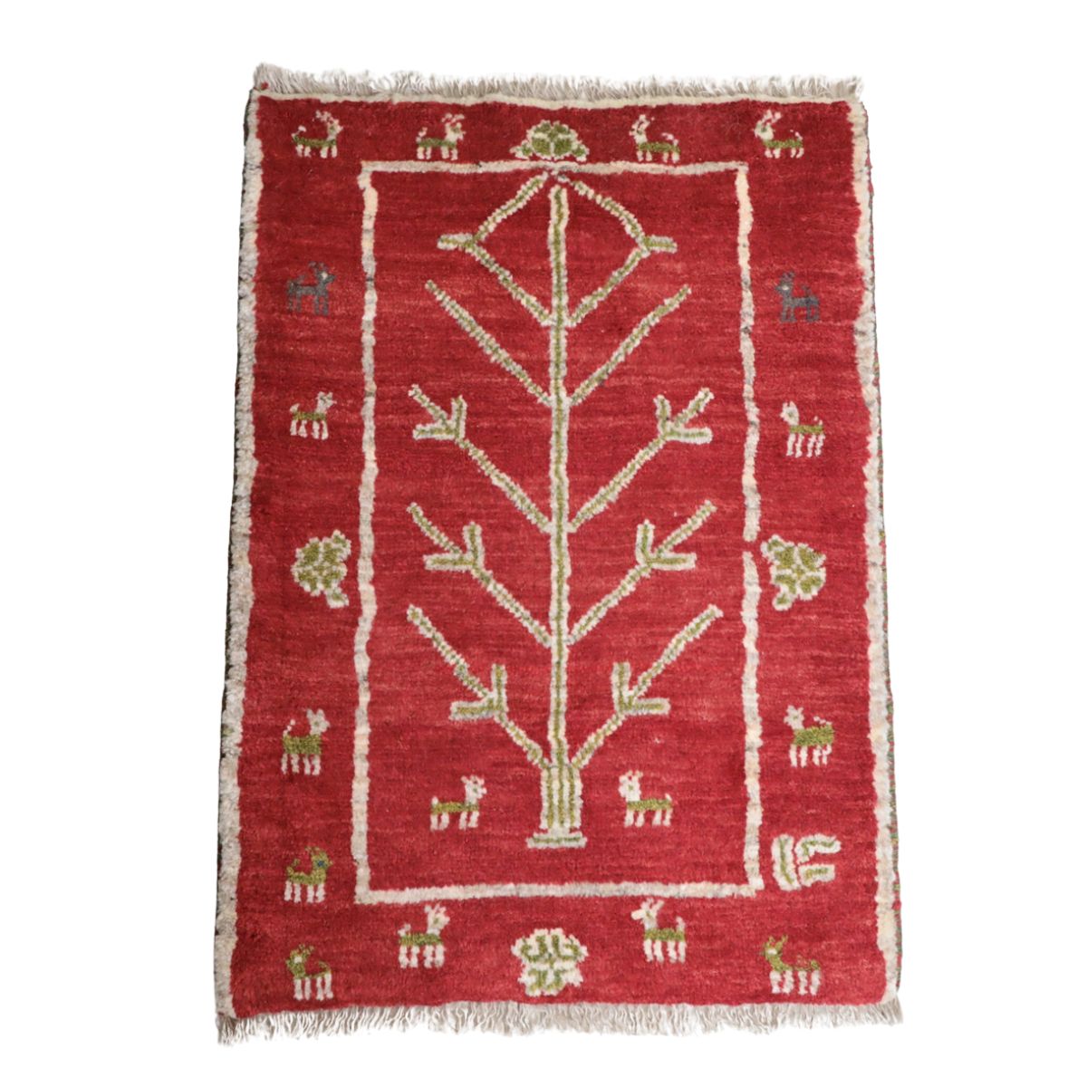 ギャッベ,玄関マット,93×67cm｜赤・ツリー柄,手織りラグ,天然
