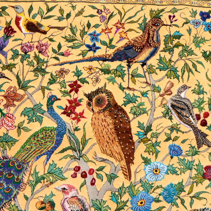 最高級ペルシャ絨毯クム、シルク100％ 楽園の鳥と動物　162×107cm（FL-13283）