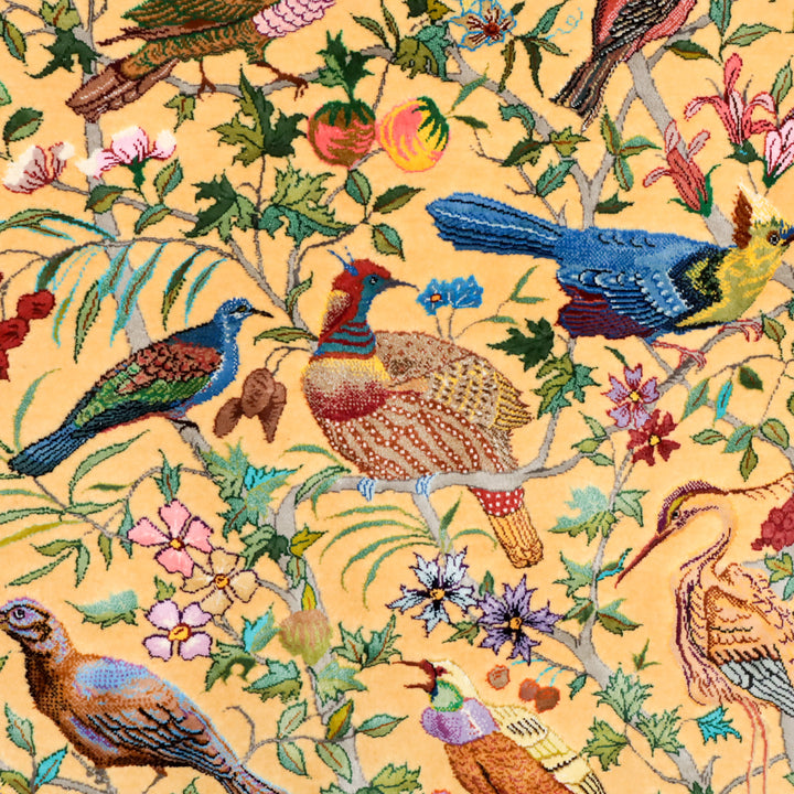 最高級ペルシャ絨毯クム、シルク100％ 楽園の鳥と動物　162×107cm（FL-13283）