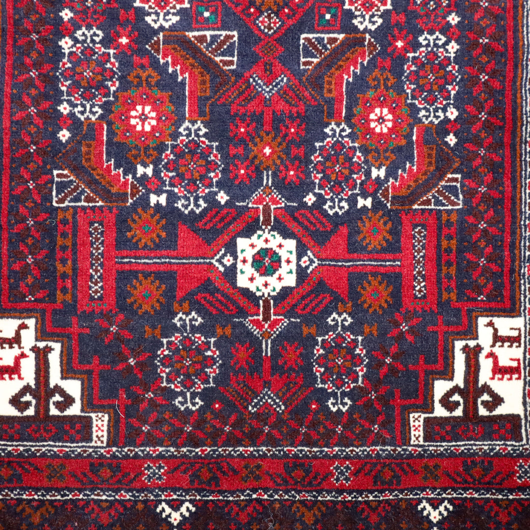 バルーチ族絨毯トランジ2連柄ボルドー×ネイビー 187×103cm（FL-13284）