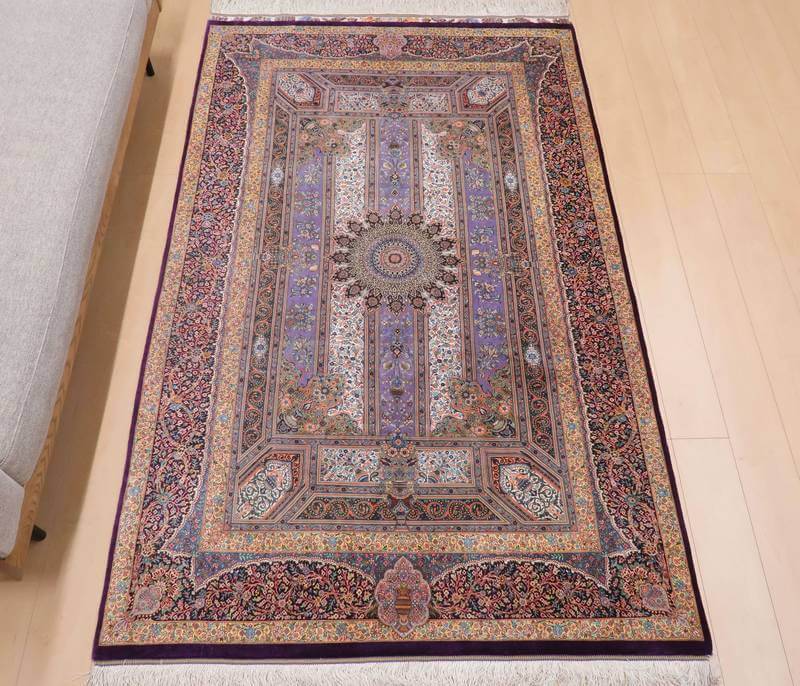 高級ペルシャ絨毯クム産シルク100％ ジャムシーディ工房 222×136cm（FL