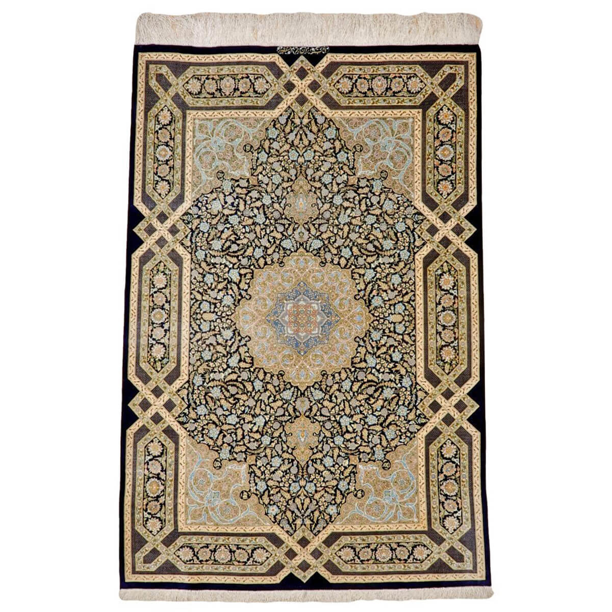 高級ペルシャ絨毯クム、シルク100％ 203×134cm（FL-22186