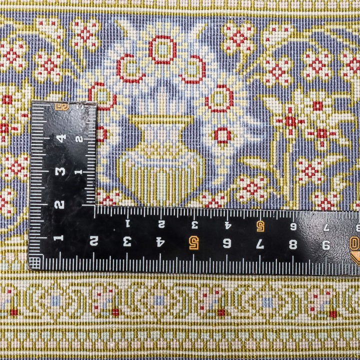 高級ペルシャ絨毯 クム産 シルク100％ SHIRAZI工房｜トランジ・獅子文様 ネイビー×ゴールド｜126×79cm（FS-13297）
