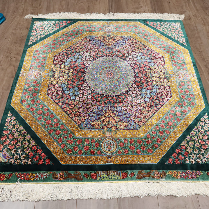高級ペルシャ絨毯 クム産 シルク100％ TAKHTE JAMSHID工房｜八角形枠・花メダリオン柄 グリーン×マルチカラー｜105×99cm（FS-13299）