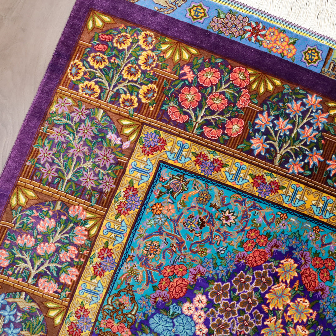 高級ペルシャ絨毯 クム産 シルク100％ TAKHTE JAMSHID工房｜生命の木・花園柄 パープル×マルチカラー｜119×79cm（FS-13303）