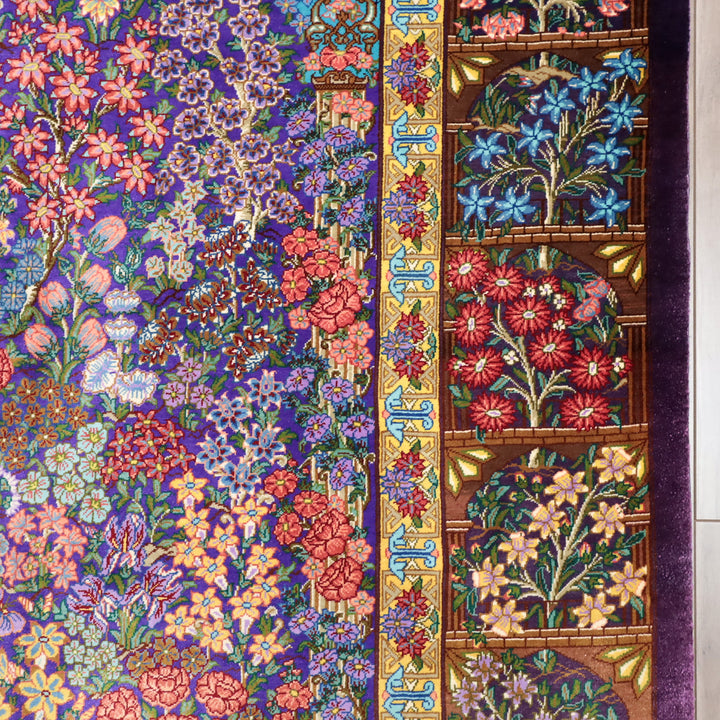 高級ペルシャ絨毯 クム産 シルク100％ TAKHTE JAMSHID工房｜生命の木・花園柄 パープル×マルチカラー｜119×79cm（FS-13303）