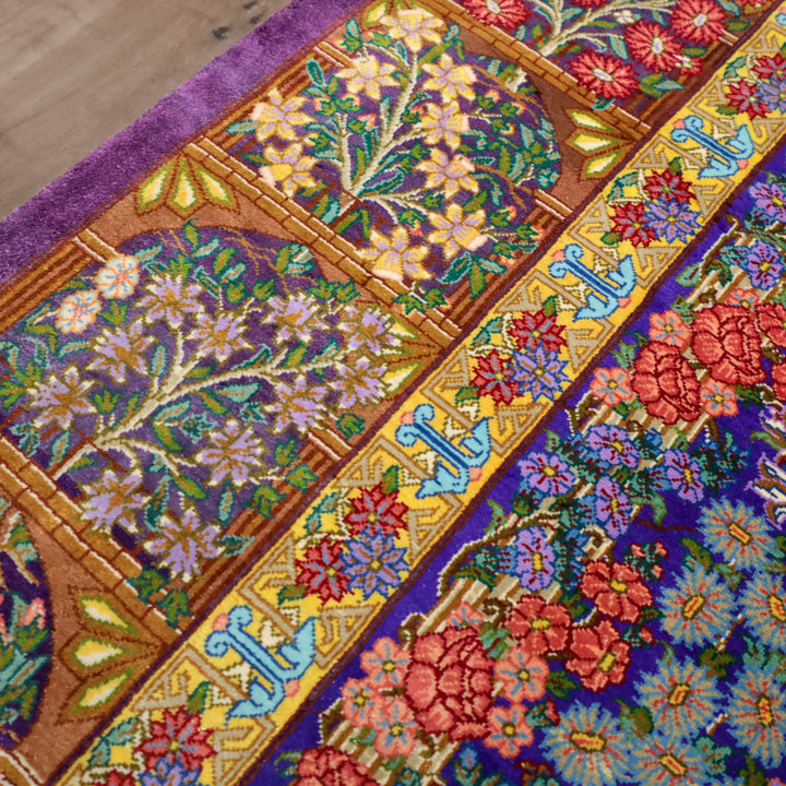 高級ペルシャ絨毯 クム産 シルク100％ TAKHTE JAMSHID工房｜生命の木・花園柄 パープル×マルチカラー｜119×79cm（FS-13303）