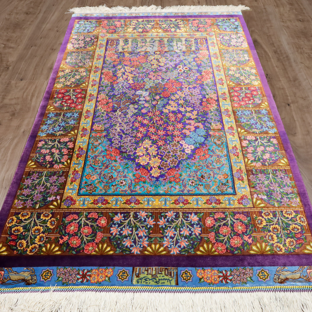 高級ペルシャ絨毯 クム産 シルク100％ TAKHTE JAMSHID工房｜生命の木・花園柄 パープル×マルチカラー｜119×79cm（FS-13303）