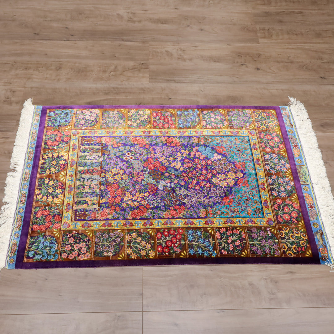 高級ペルシャ絨毯 クム産 シルク100％ TAKHTE JAMSHID工房｜生命の木・花園柄 パープル×マルチカラー｜119×79cm（FS-13303）
