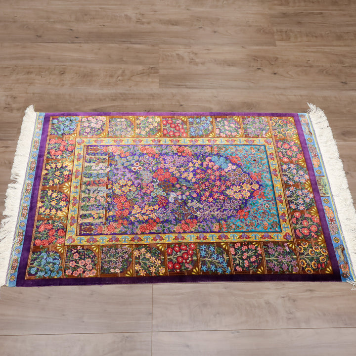 高級ペルシャ絨毯 クム産 シルク100％ TAKHTE JAMSHID工房｜生命の木・花園柄 パープル×マルチカラー｜119×79cm（FS-13303）