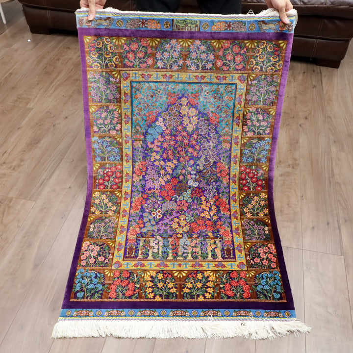 高級ペルシャ絨毯 クム産 シルク100％ TAKHTE JAMSHID工房｜生命の木・花園柄 パープル×マルチカラー｜119×79cm（FS-13303）