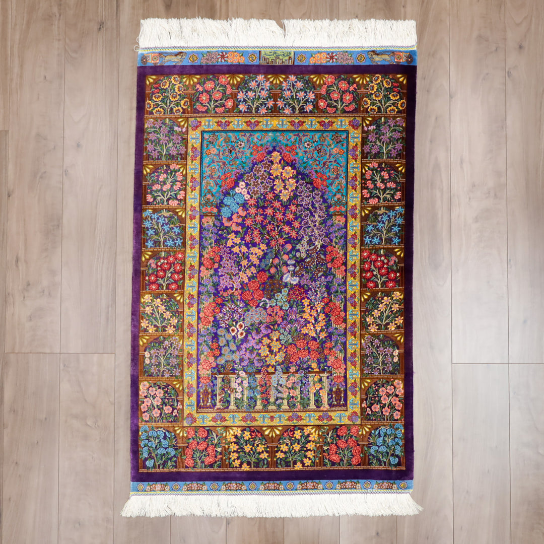 高級ペルシャ絨毯 クム産 シルク100％ TAKHTE JAMSHID工房｜生命の木・花園柄 パープル×マルチカラー｜119×79cm（FS-13303）