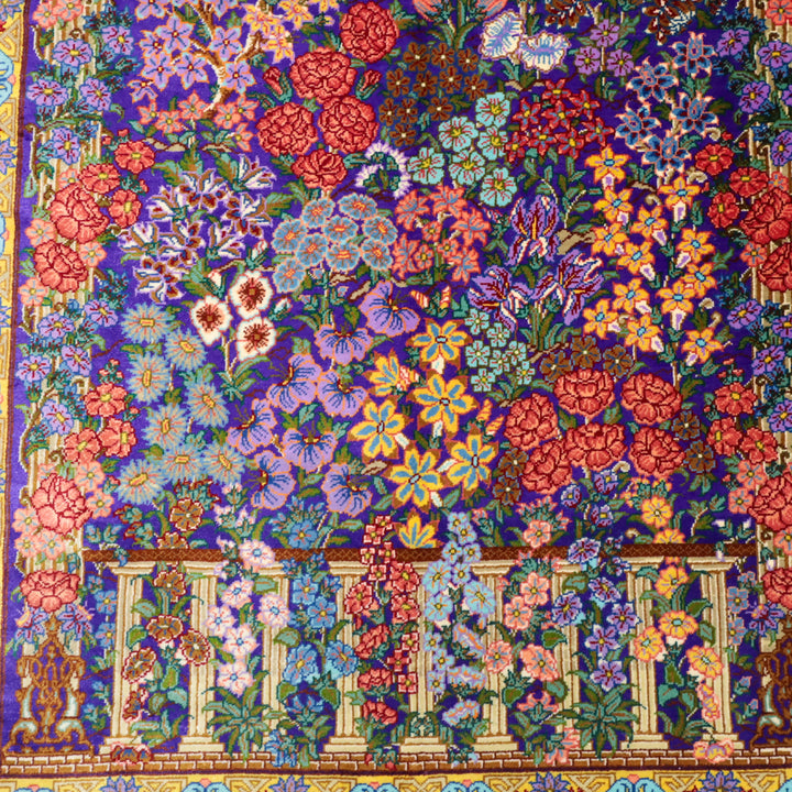 高級ペルシャ絨毯 クム産 シルク100％ TAKHTE JAMSHID工房｜生命の木・花園柄 パープル×マルチカラー｜119×79cm（FS-13303）