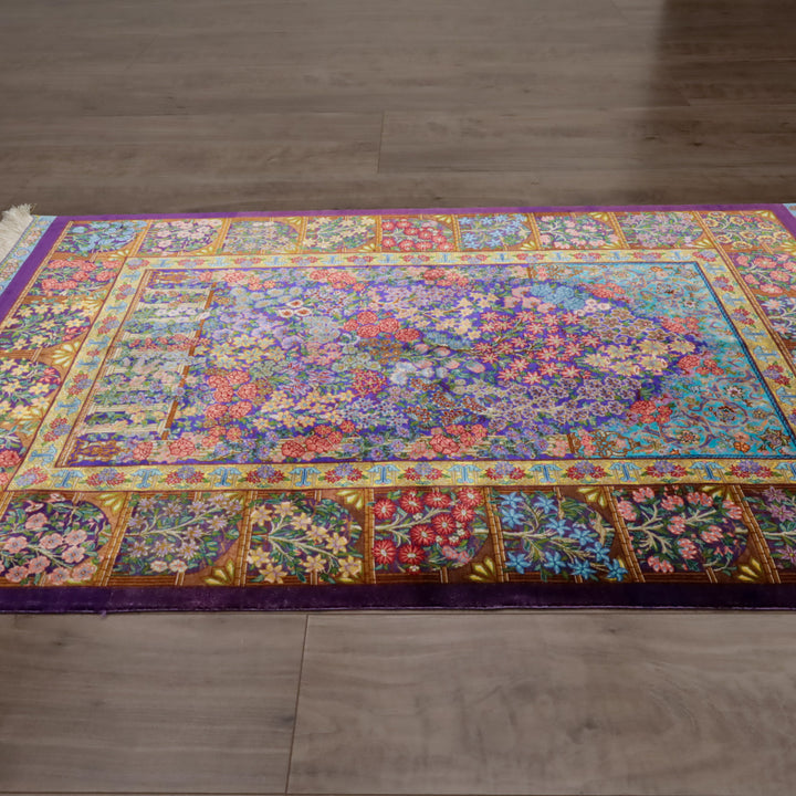 高級ペルシャ絨毯 クム産 シルク100％ TAKHTE JAMSHID工房｜生命の木・花園柄 パープル×マルチカラー｜119×79cm（FS-13303）