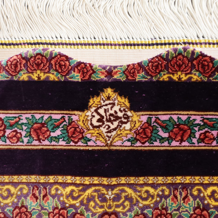 高級ペルシャ絨毯 クム産 シルク100％ KHAKI工房｜ケシュティ・薔薇柄 パープル×レッド｜150×100cm（FN-13306）