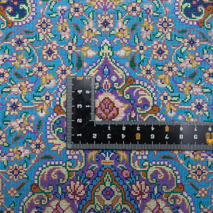 高級ペルシャ絨毯 クム産 シルク100％｜メダリオン柄（花唐草） ターコイズ×パープル｜45×29cm（FS-13336）