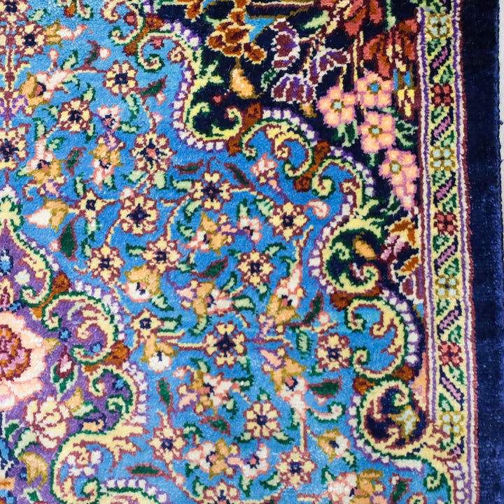 高級ペルシャ絨毯 クム産 シルク100％｜メダリオン柄（花唐草） ターコイズ×パープル｜45×29cm（FS-13336）