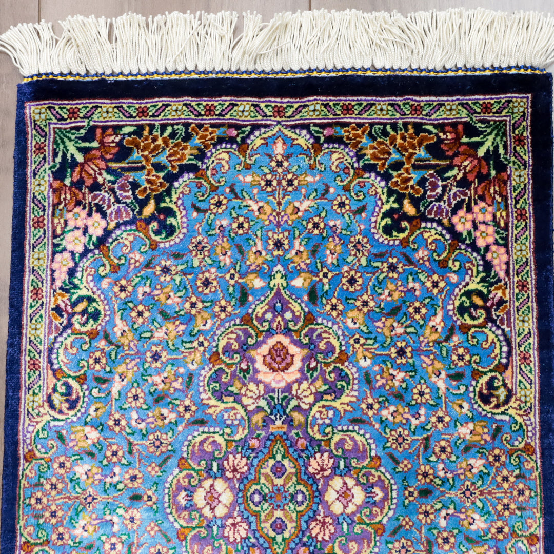高級ペルシャ絨毯 クム産 シルク100％｜メダリオン柄（花唐草） ターコイズ×パープル｜45×29cm（FS-13336）