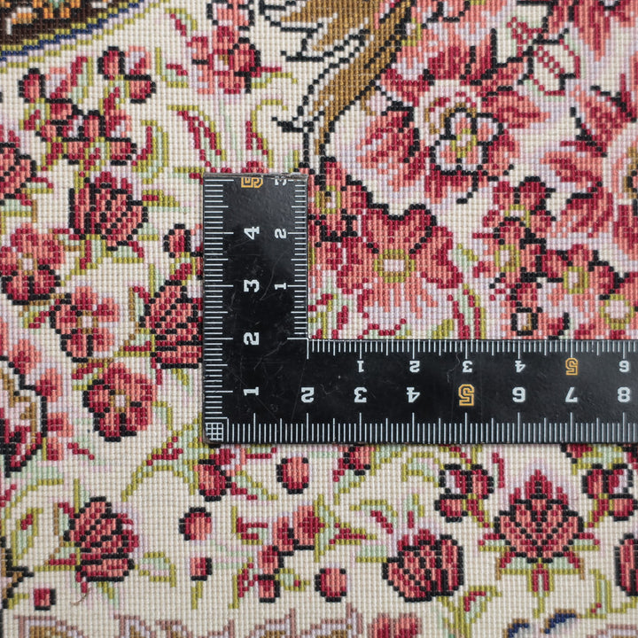 高級ペルシャ絨毯 クム産 シルク100％ MOHAMMADI工房｜生命の樹・花鳥柄 アイボリー×ピンク｜94×60cm（FS-13364）
