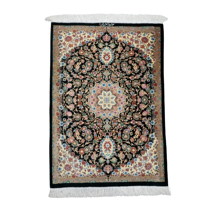 高級ペルシャ絨毯 クム産 シルク100％ JAN GHORBAN工房｜トランジ柄 ブラック×アイボリー｜88×61cm（FS-13365）