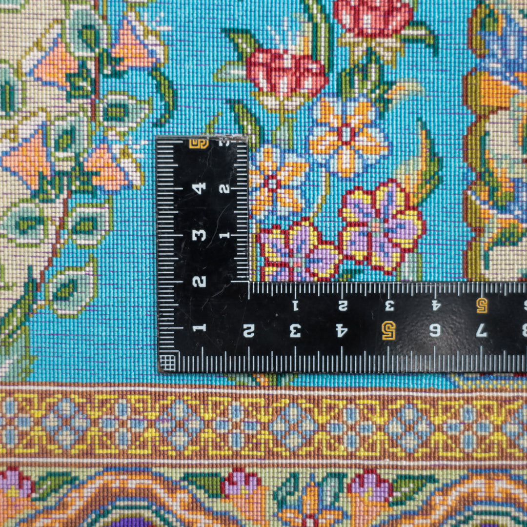高級ペルシャ絨毯 クム産 シルク100％ TAKHTE JAMSHID工房｜花瓶柄（ゴルダニ） ターコイズ×パープル｜89×59cm（FS-13366）