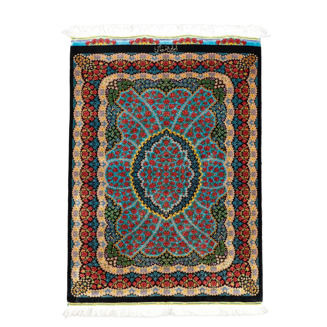 高級ペルシャ絨毯 クム産 シルク100％ KHAKI工房｜薔薇柄 ターコイズ×レッド｜80×60cm（FS-13367）