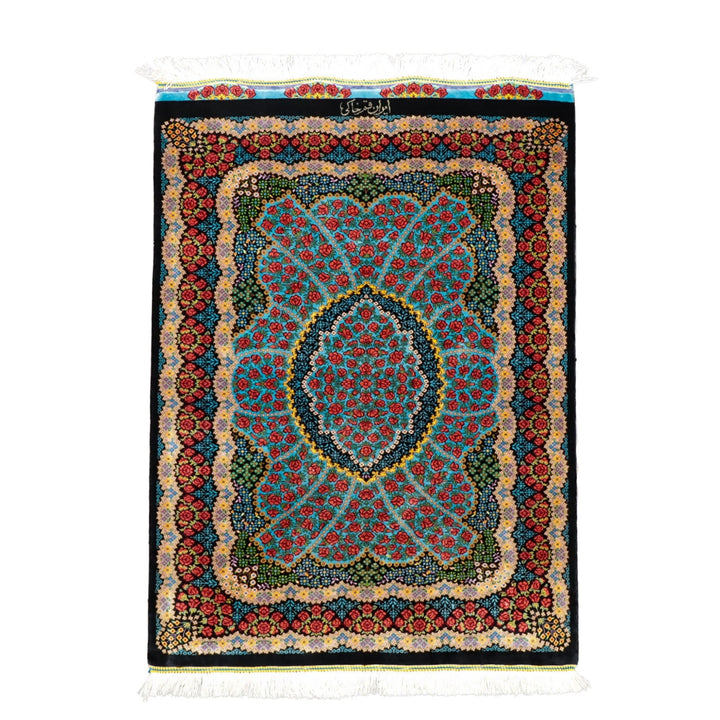 高級ペルシャ絨毯 クム産 シルク100％ KHAKI工房｜薔薇柄 ターコイズ×レッド｜80×60cm（FS-13367）