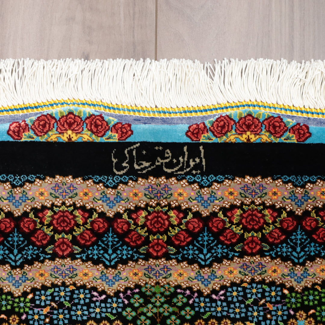 高級ペルシャ絨毯 クム産 シルク100％ KHAKI工房｜薔薇柄 ターコイズ×レッド｜80×60cm（FS-13367）