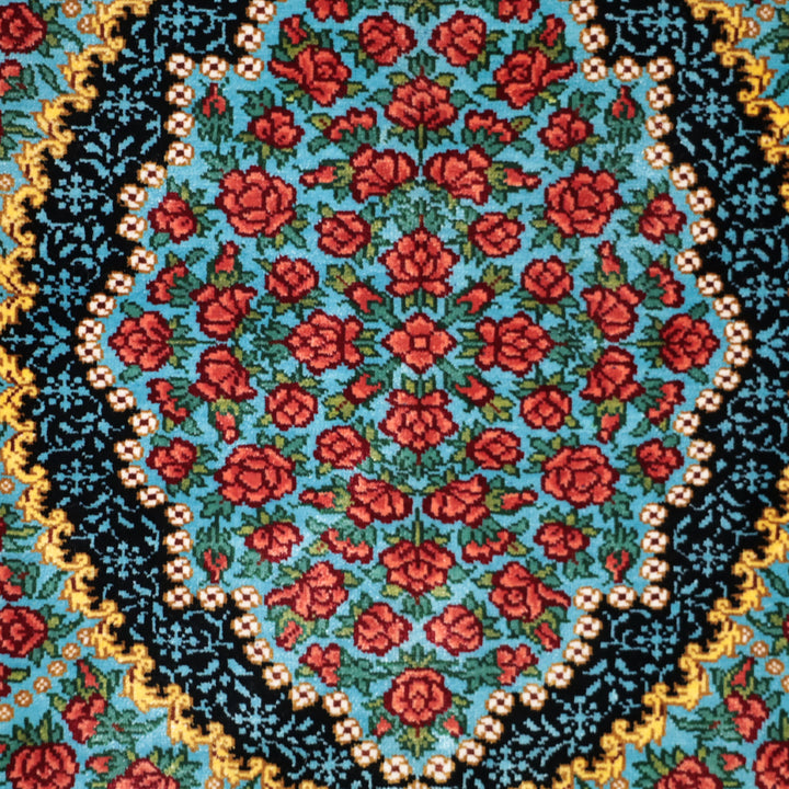 高級ペルシャ絨毯 クム産 シルク100％ KHAKI工房｜薔薇柄 ターコイズ×レッド｜80×60cm（FS-13367）